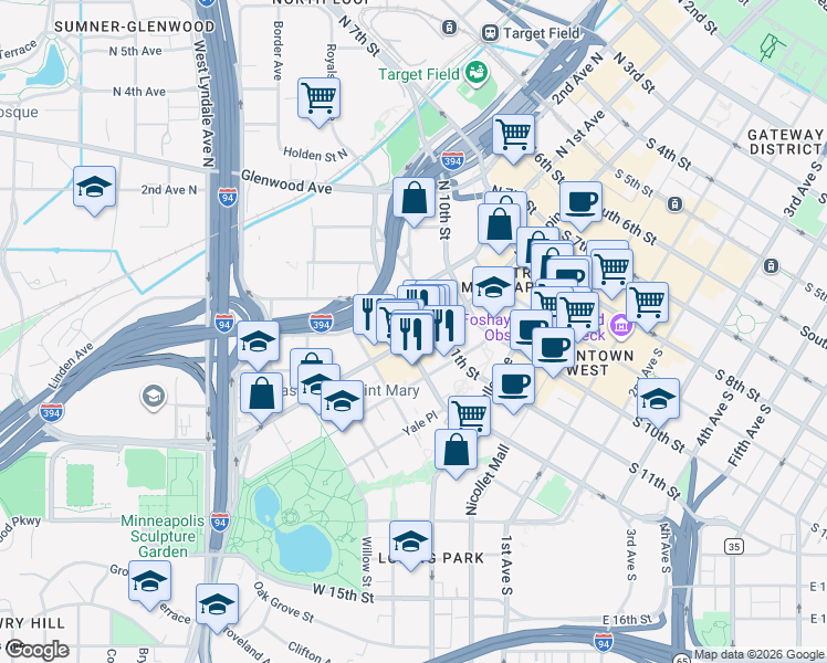 map of restaurants, bars, coffee shops, grocery stores, and more near 1254 Hennepin Avenue in Minneapolis