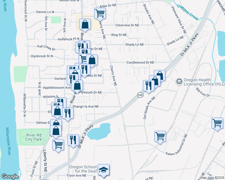map of restaurants, bars, coffee shops, grocery stores, and more near 971 Plymouth Drive Northeast in Keizer