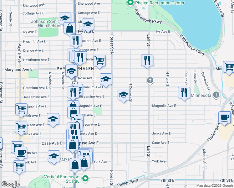map of restaurants, bars, coffee shops, grocery stores, and more near 954 Jessamine Avenue East in Saint Paul