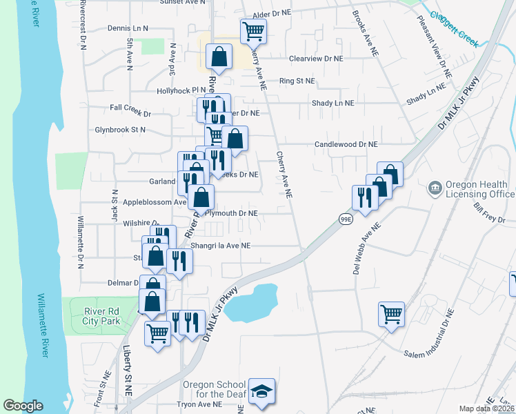 map of restaurants, bars, coffee shops, grocery stores, and more near 863 Plymouth Drive Northeast in Keizer
