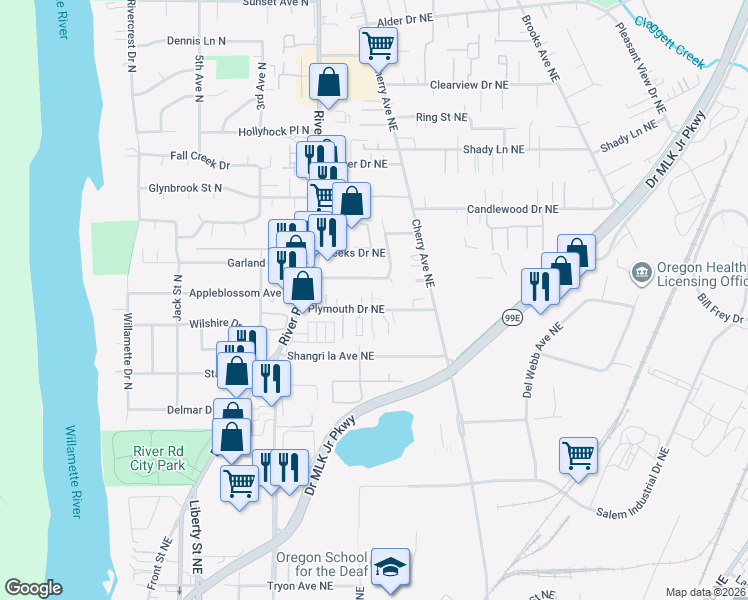 map of restaurants, bars, coffee shops, grocery stores, and more near 829 Plymouth Drive Northeast in Keizer