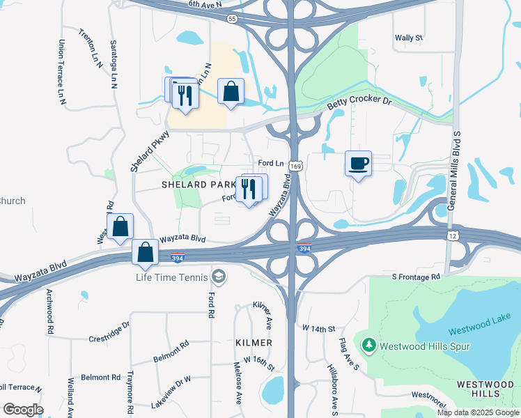 map of restaurants, bars, coffee shops, grocery stores, and more near 600 U.S. 169 in Saint Louis Park