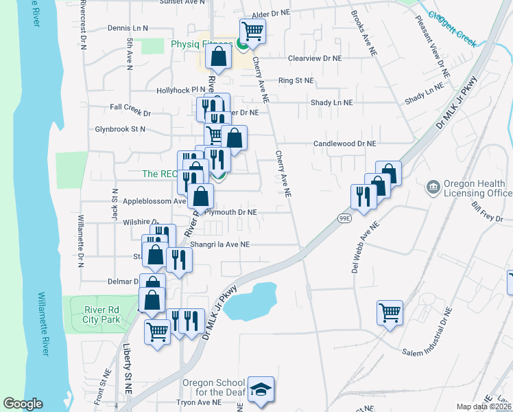 map of restaurants, bars, coffee shops, grocery stores, and more near 865 Plymouth Drive Northeast in Keizer