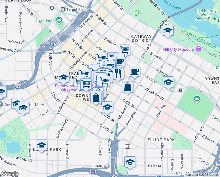 map of restaurants, bars, coffee shops, grocery stores, and more near 299 8th St S in Minneapolis