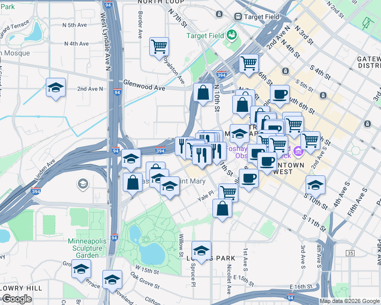map of restaurants, bars, coffee shops, grocery stores, and more near 1205 Hawthorne Avenue in Minneapolis