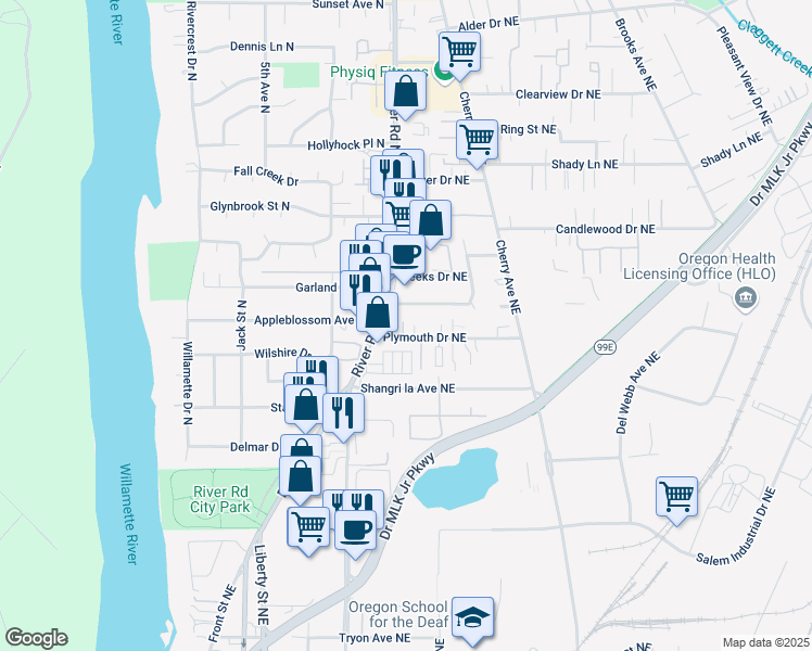 map of restaurants, bars, coffee shops, grocery stores, and more near 748 Plymouth Drive Northeast in Keizer