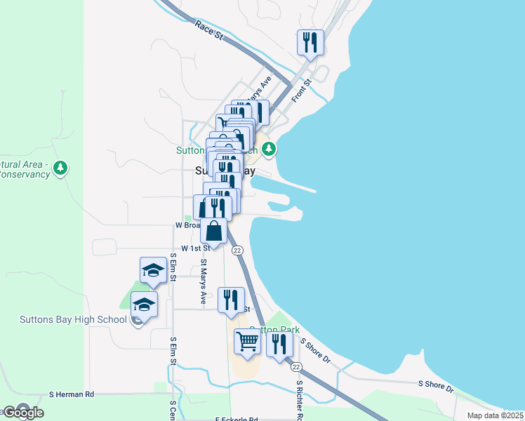 map of restaurants, bars, coffee shops, grocery stores, and more near 3753 North Ninatigo Meekun in Suttons Bay