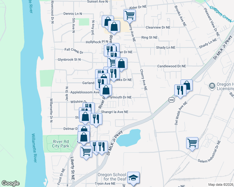 map of restaurants, bars, coffee shops, grocery stores, and more near 643 Plymouth Drive Northeast in Keizer