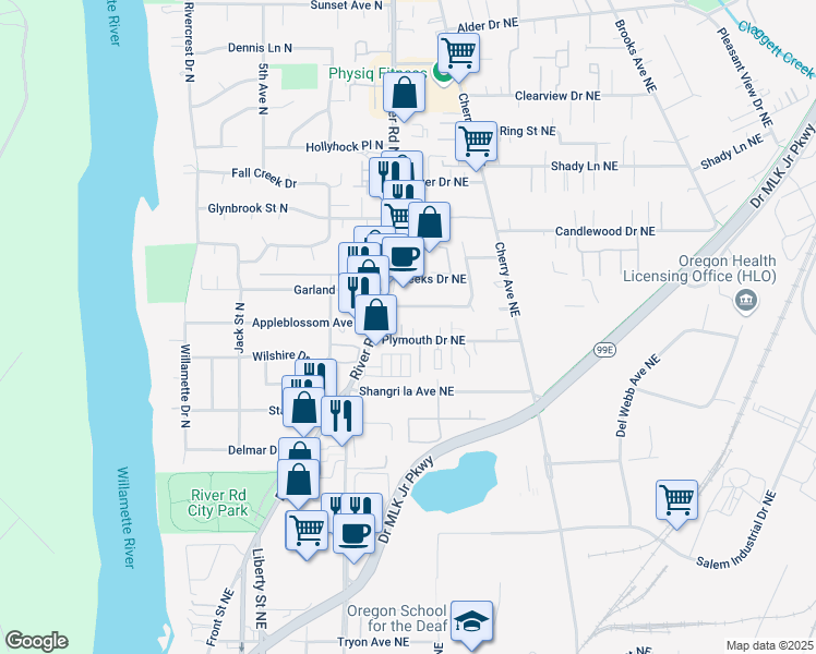 map of restaurants, bars, coffee shops, grocery stores, and more near 748 Plymouth Drive Northeast in Keizer