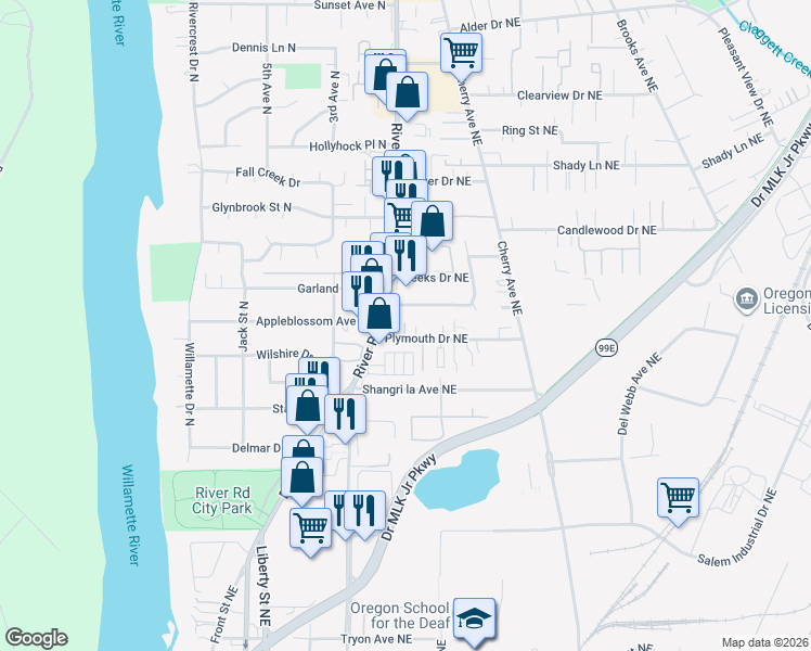 map of restaurants, bars, coffee shops, grocery stores, and more near 3380 River Road North in Keizer