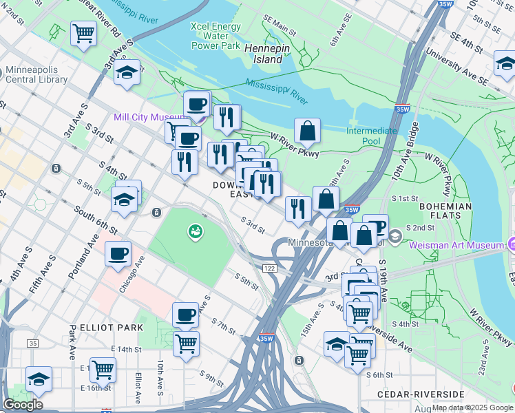map of restaurants, bars, coffee shops, grocery stores, and more near 1025 South Washington Avenue in Minneapolis