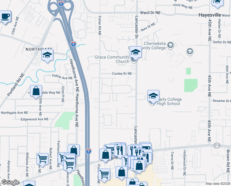 map of restaurants, bars, coffee shops, grocery stores, and more near 3938 Santiam Pass Way Northeast in Salem