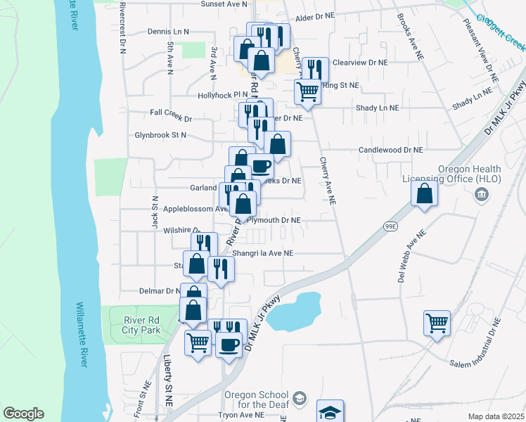 map of restaurants, bars, coffee shops, grocery stores, and more near 748 Plymouth Drive Northeast in Keizer