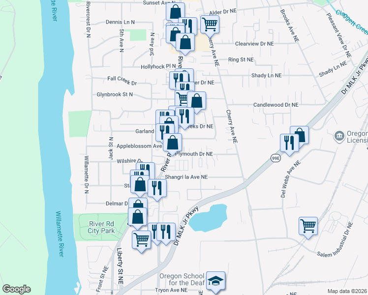 map of restaurants, bars, coffee shops, grocery stores, and more near 3380 River Road North in Keizer