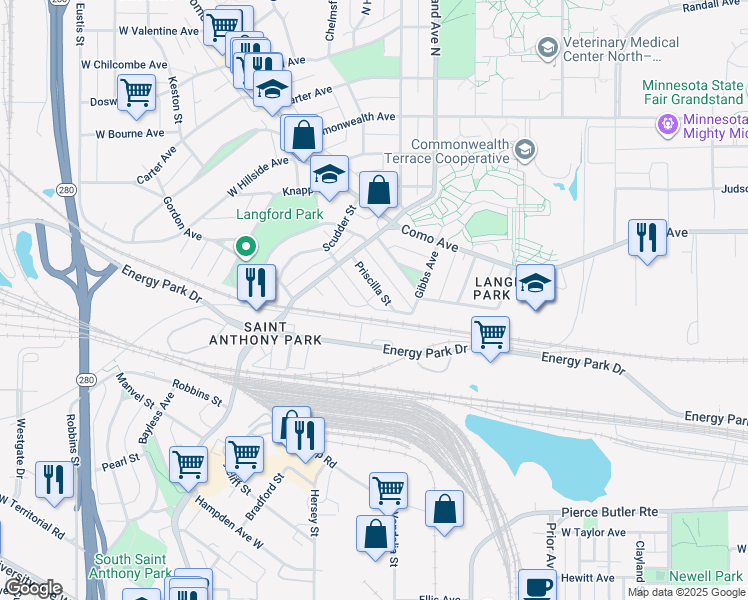 map of restaurants, bars, coffee shops, grocery stores, and more near 2091 Energy Park Drive in Saint Paul