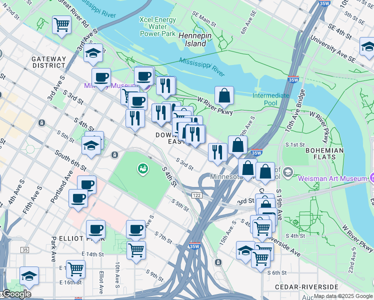 map of restaurants, bars, coffee shops, grocery stores, and more near 1100 South 3rd Street in Minneapolis