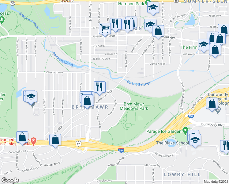 map of restaurants, bars, coffee shops, grocery stores, and more near 225 Newton Avenue South in Minneapolis
