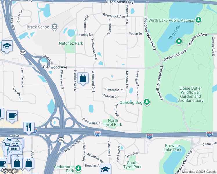 map of restaurants, bars, coffee shops, grocery stores, and more near 505 Janalyn Circle in Minneapolis