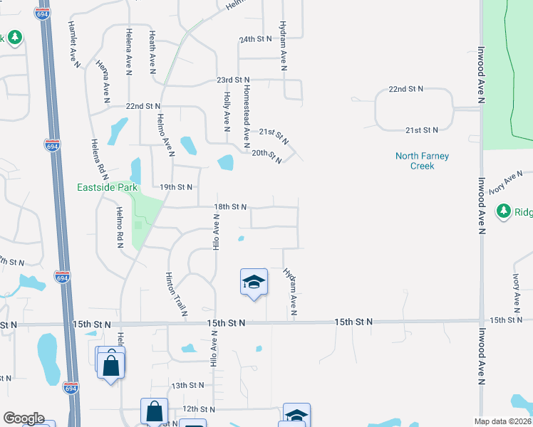 map of restaurants, bars, coffee shops, grocery stores, and more near 7825 Upper 17th Street North in Oakdale