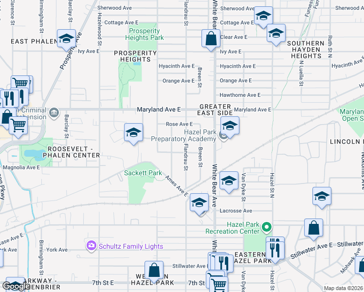 map of restaurants, bars, coffee shops, grocery stores, and more near 1104 Kingsford Street in Saint Paul