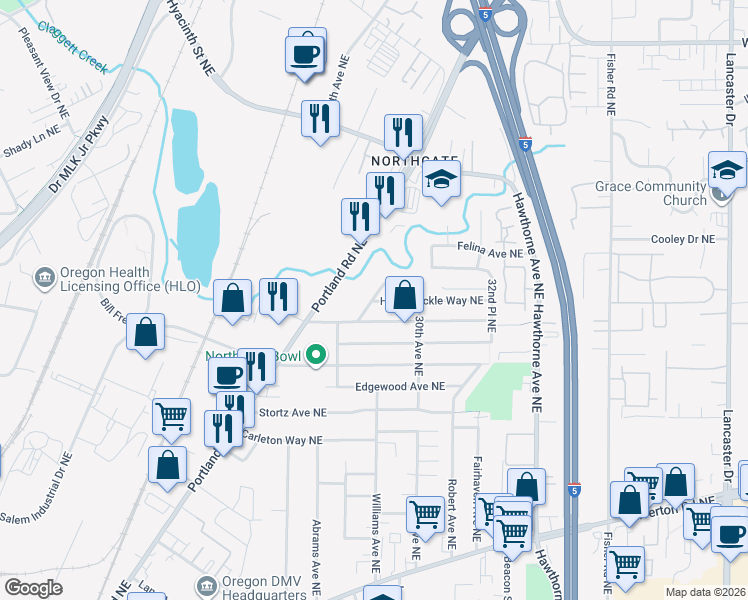 map of restaurants, bars, coffee shops, grocery stores, and more near 3843 24th Place Northeast in Salem