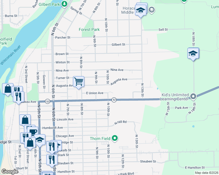 map of restaurants, bars, coffee shops, grocery stores, and more near 1014 Augusta Avenue in Wausau