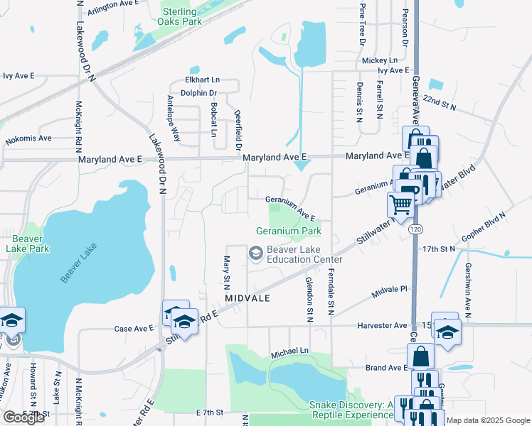 map of restaurants, bars, coffee shops, grocery stores, and more near 2517 Geranium Avenue East in Maplewood
