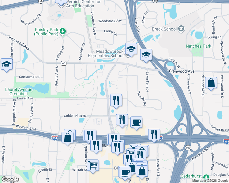 map of restaurants, bars, coffee shops, grocery stores, and more near 5610 Laurel Avenue in Golden Valley