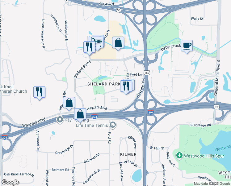map of restaurants, bars, coffee shops, grocery stores, and more near 435 Ford Road in St. Louis Park