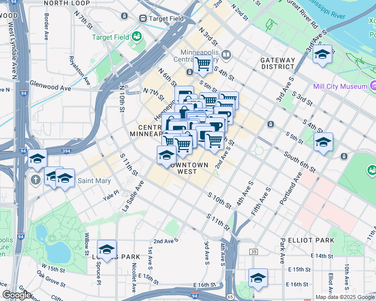 map of restaurants, bars, coffee shops, grocery stores, and more near 80 South 8th Street in Minneapolis