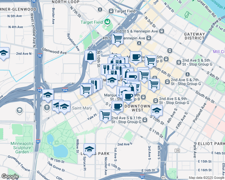 map of restaurants, bars, coffee shops, grocery stores, and more near 10 South 10th Street in Minneapolis