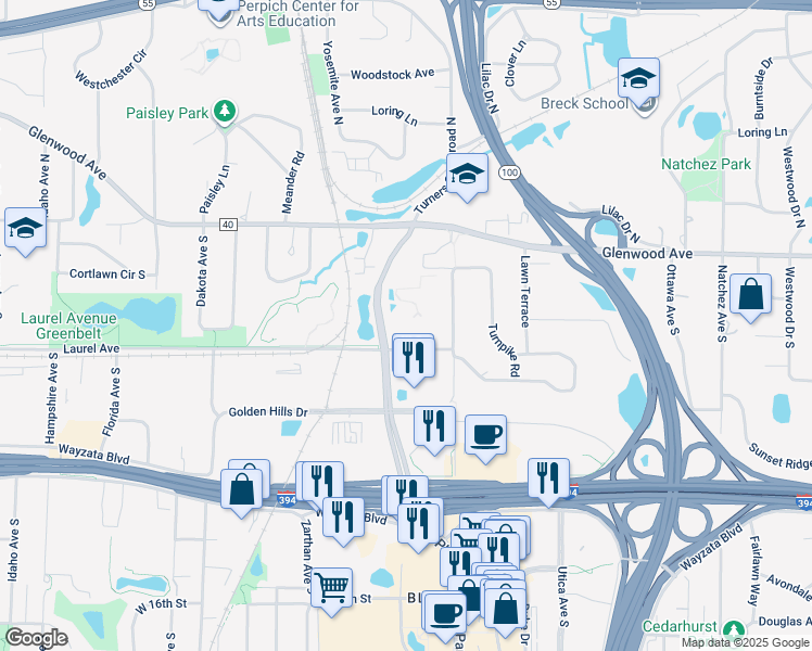 map of restaurants, bars, coffee shops, grocery stores, and more near 250 Turners Crossroad South in Minneapolis