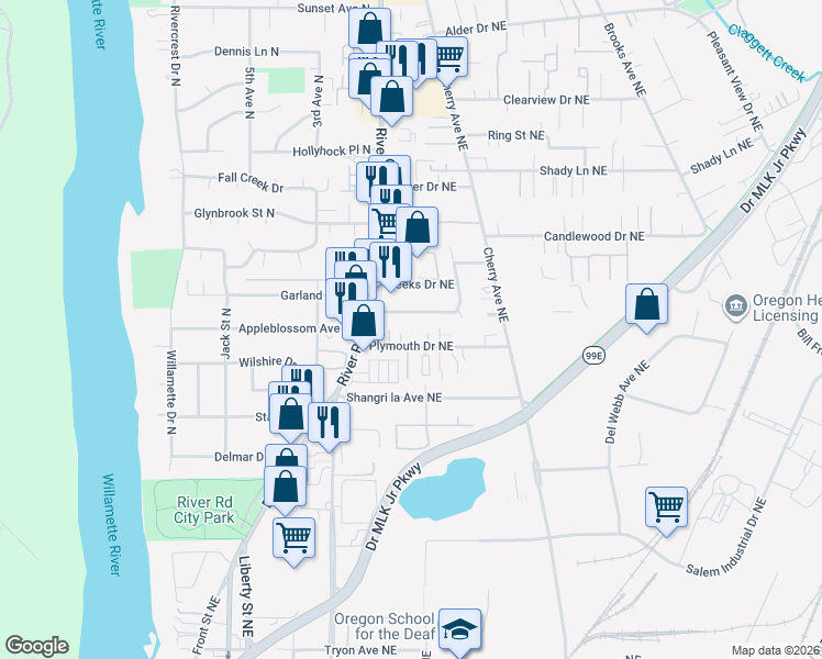 map of restaurants, bars, coffee shops, grocery stores, and more near 737 Apple Blossom Avenue Northeast in Keizer