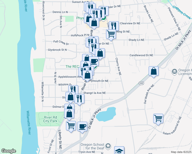 map of restaurants, bars, coffee shops, grocery stores, and more near 641 Plymouth Drive Northeast in Keizer