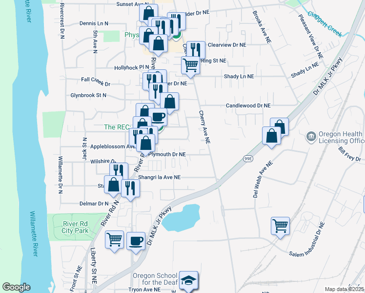 map of restaurants, bars, coffee shops, grocery stores, and more near 877 Apple Blossom Avenue Northeast in Keizer
