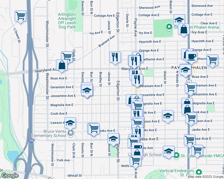 map of restaurants, bars, coffee shops, grocery stores, and more near 1153 Edgerton Street in Saint Paul