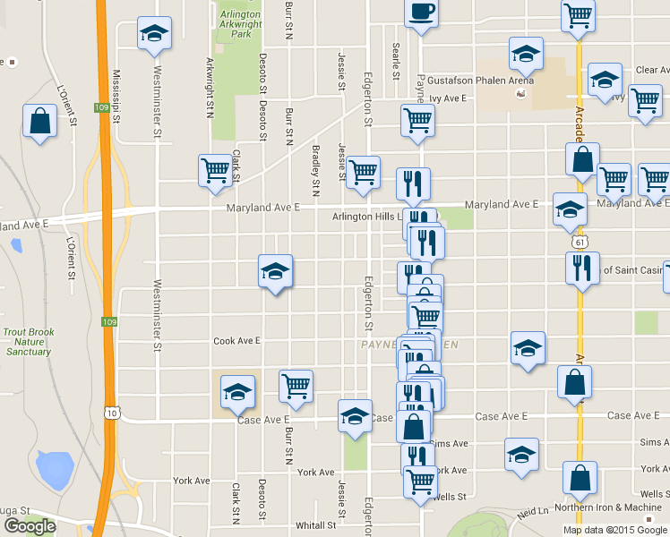 map of restaurants, bars, coffee shops, grocery stores, and more near 1158 Bradley Street in Saint Paul