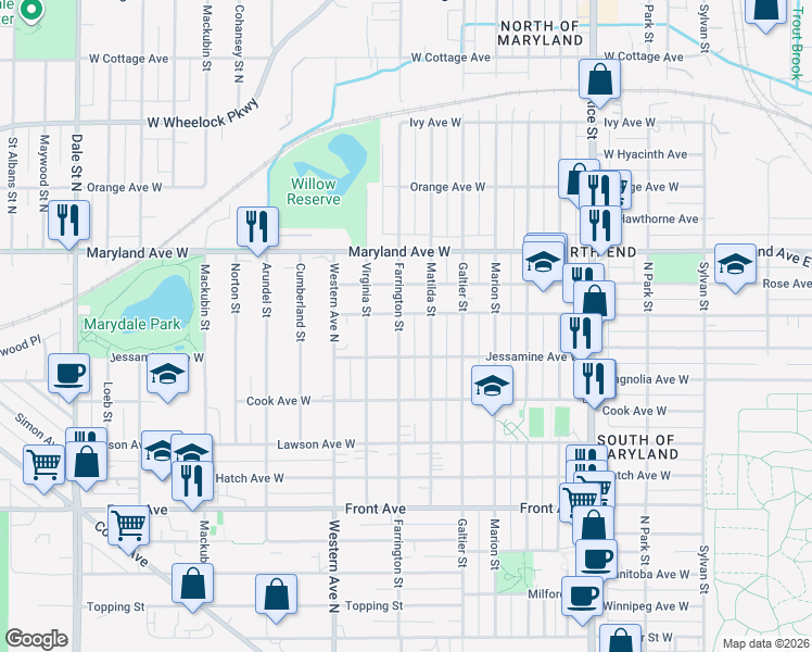 map of restaurants, bars, coffee shops, grocery stores, and more near 1155 Farrington Street in Saint Paul
