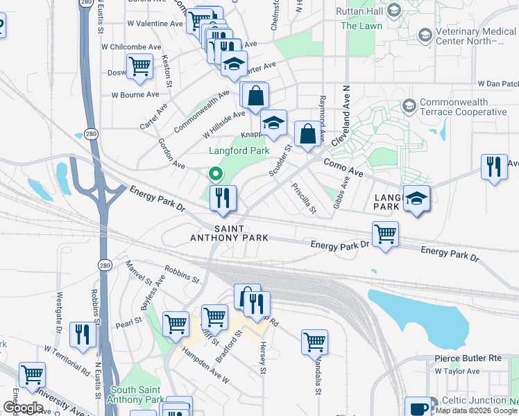 map of restaurants, bars, coffee shops, grocery stores, and more near in Saint Paul
