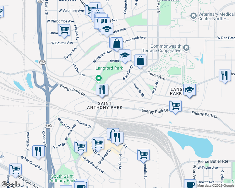 map of restaurants, bars, coffee shops, grocery stores, and more near 2258 Scudder Street in Saint Paul