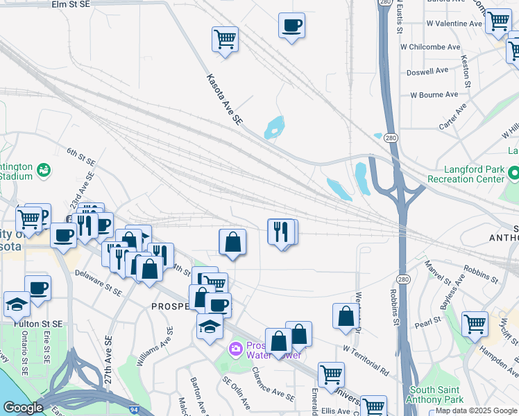 map of restaurants, bars, coffee shops, grocery stores, and more near 700 Malcolm Ave SE in Minneapolis