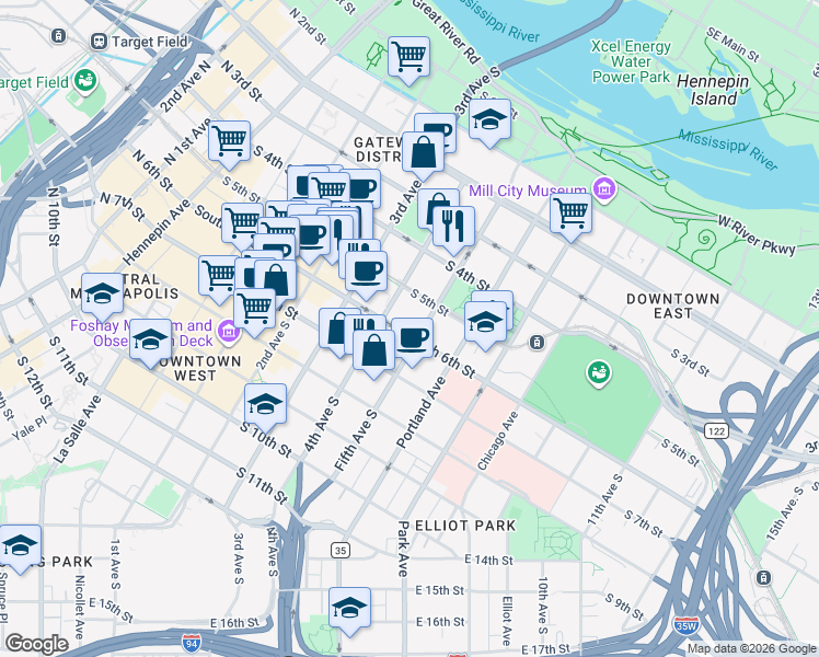 map of restaurants, bars, coffee shops, grocery stores, and more near 533 South 4th Avenue in Minneapolis