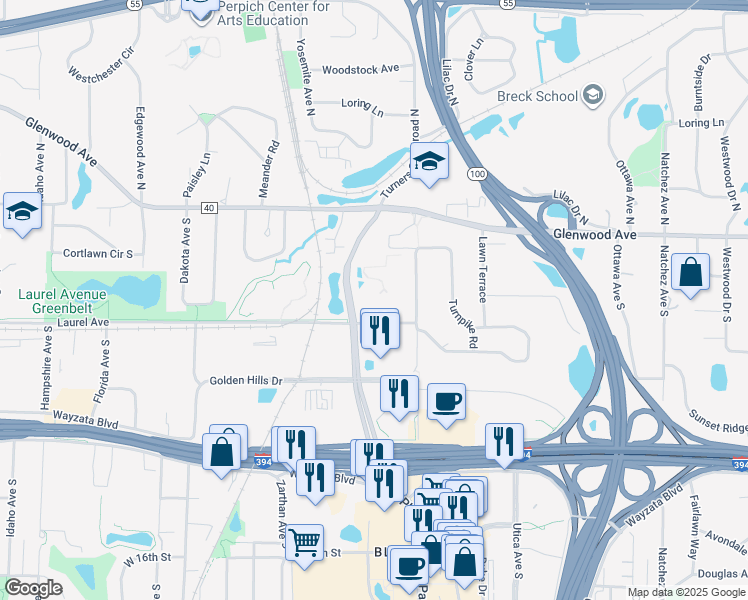 map of restaurants, bars, coffee shops, grocery stores, and more near 250 Turners Crossroad South in Minneapolis