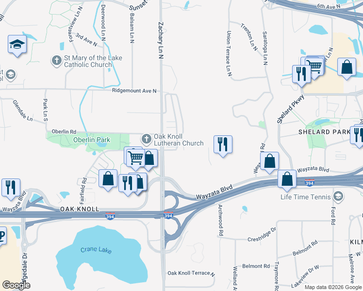 map of restaurants, bars, coffee shops, grocery stores, and more near 569 Willoughby Way East in Hopkins