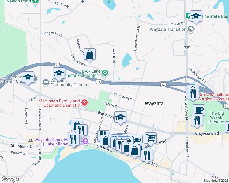 map of restaurants, bars, coffee shops, grocery stores, and more near 598 Beaver Dam Street East in Wayzata