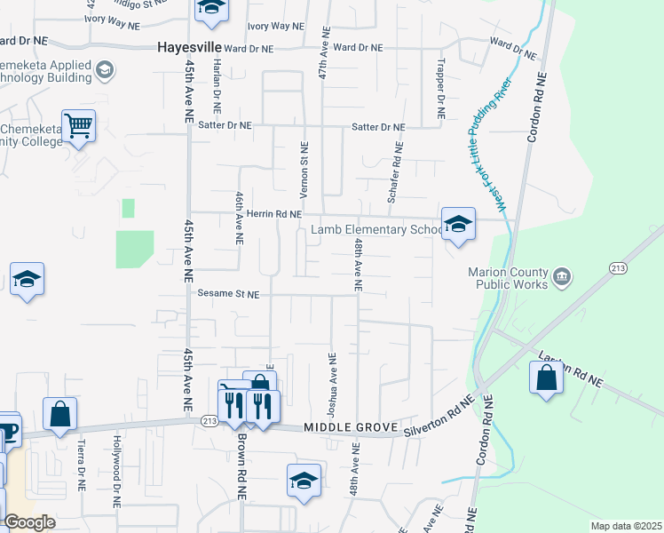 map of restaurants, bars, coffee shops, grocery stores, and more near 3940 Holt Loop Northeast in Salem
