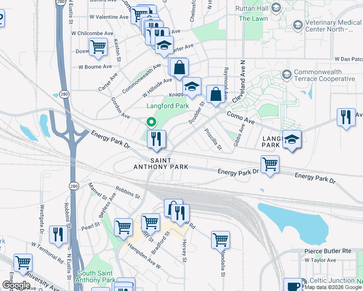 map of restaurants, bars, coffee shops, grocery stores, and more near in Saint Paul