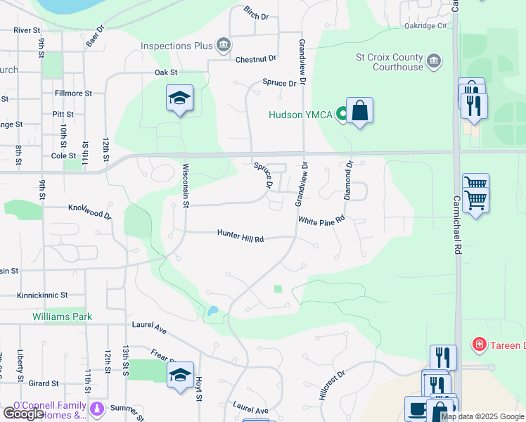 map of restaurants, bars, coffee shops, grocery stores, and more near Spruce Drive in Hudson