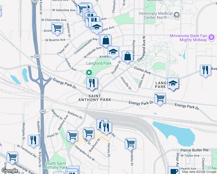 map of restaurants, bars, coffee shops, grocery stores, and more near in Saint Paul