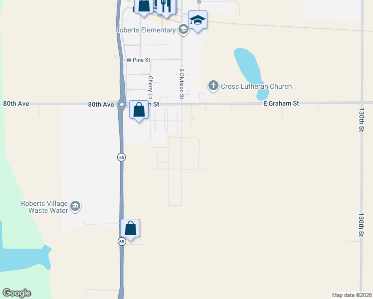 map of restaurants, bars, coffee shops, grocery stores, and more near 600 South Division Street in Roberts